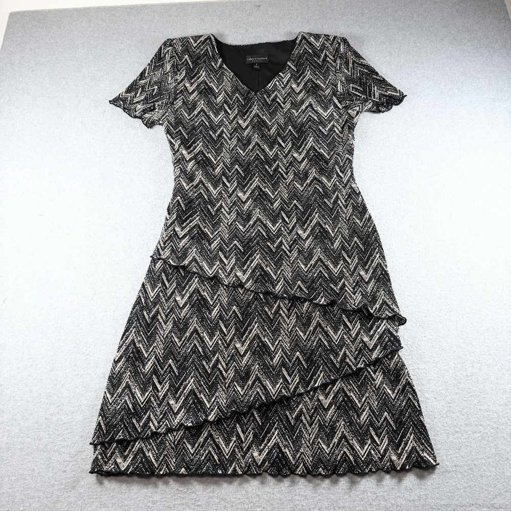 Connected Apparel Tiered Plisse Dress 8 Black Cream Chevron Y2K Retro Whimsigoth